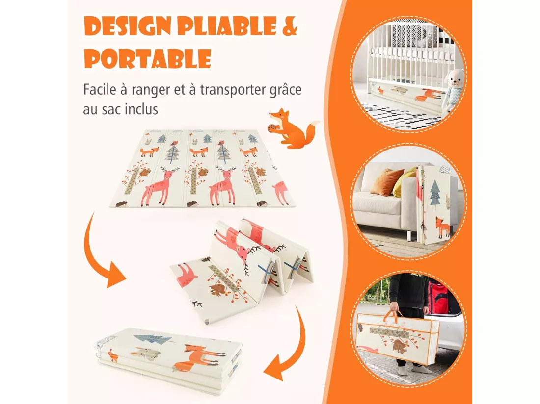 Tapis de Jeu Bébé Pliable 200x180x1,4cm avec Sac de Transport, Tapis de Sol XXL en XPE Imperméable et Réversible avec Motif Girafe & Cerf, Tapis d'éveil Double Face