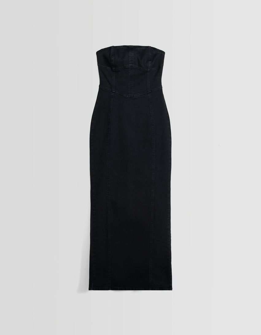 Vestido longo tomara que caia em jeans