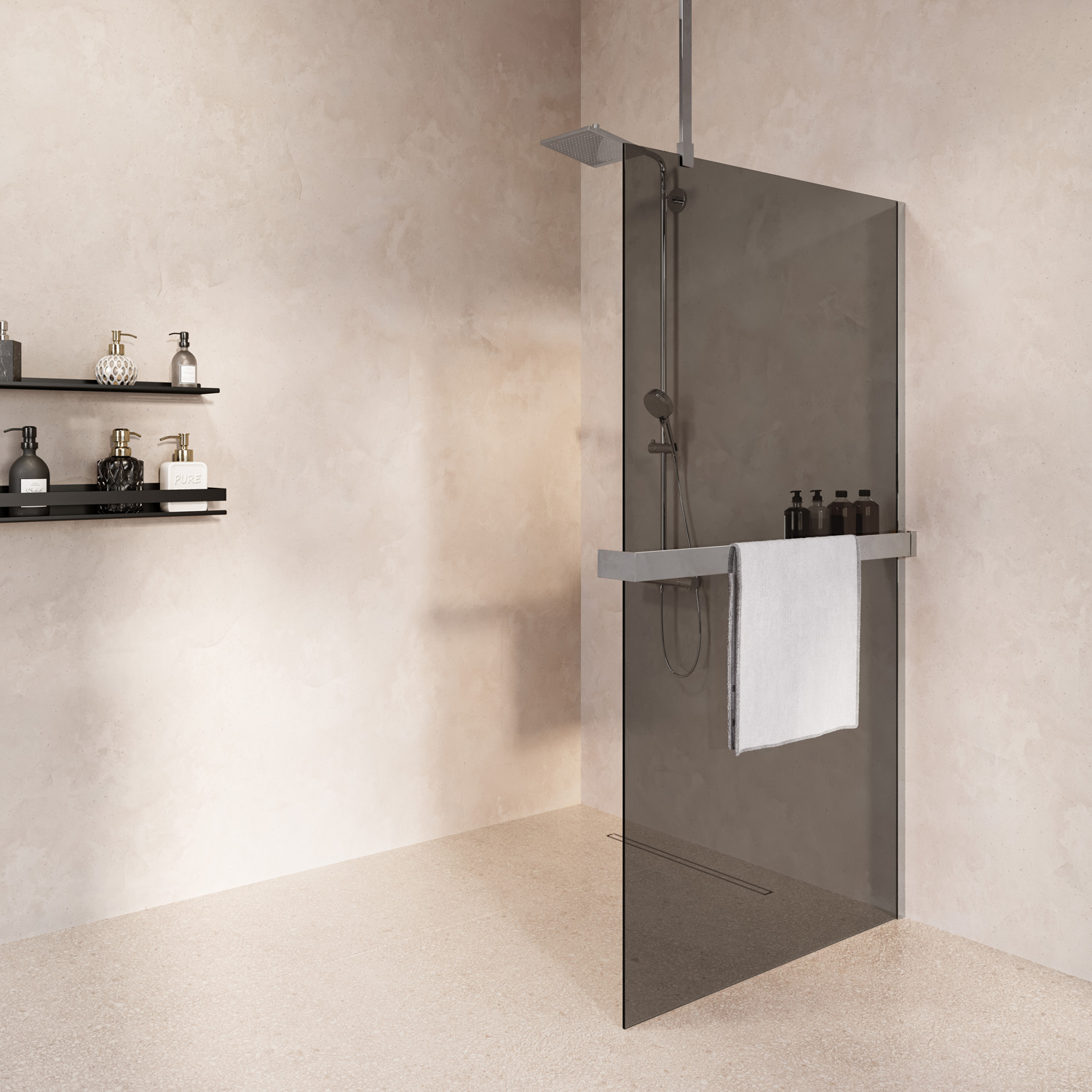 Saniclear Bright inloopdouche 90cm met handdoekhouder en rookglas chroom
