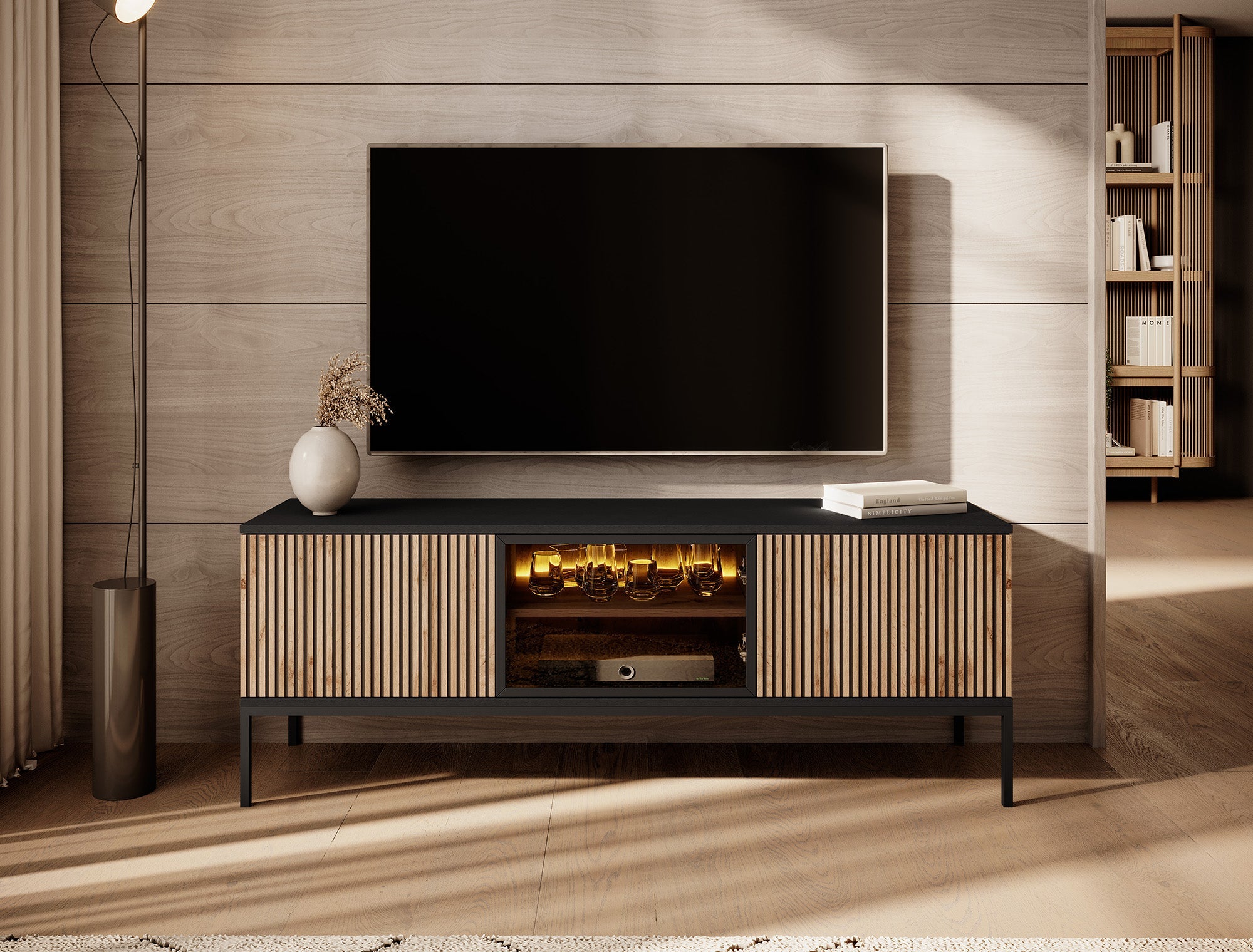 Meubella - TV-Meubel Legend - Mat zwart - Eiken - 154 cm