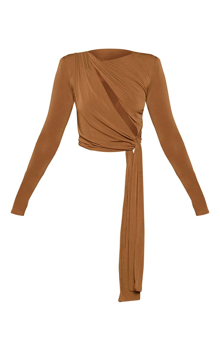 Vert Olive Top En Jersey Slinky Doré Avec Détails Ajourés Et Nœud