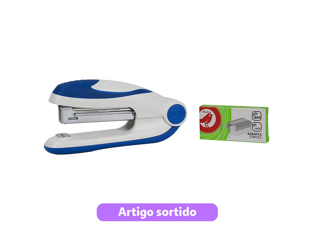CONJUNTO DE MINI AGRAFADOR N.10 AUCHAN E CAIXA COM 400 AGRAFOS CORES SORTIDAS
