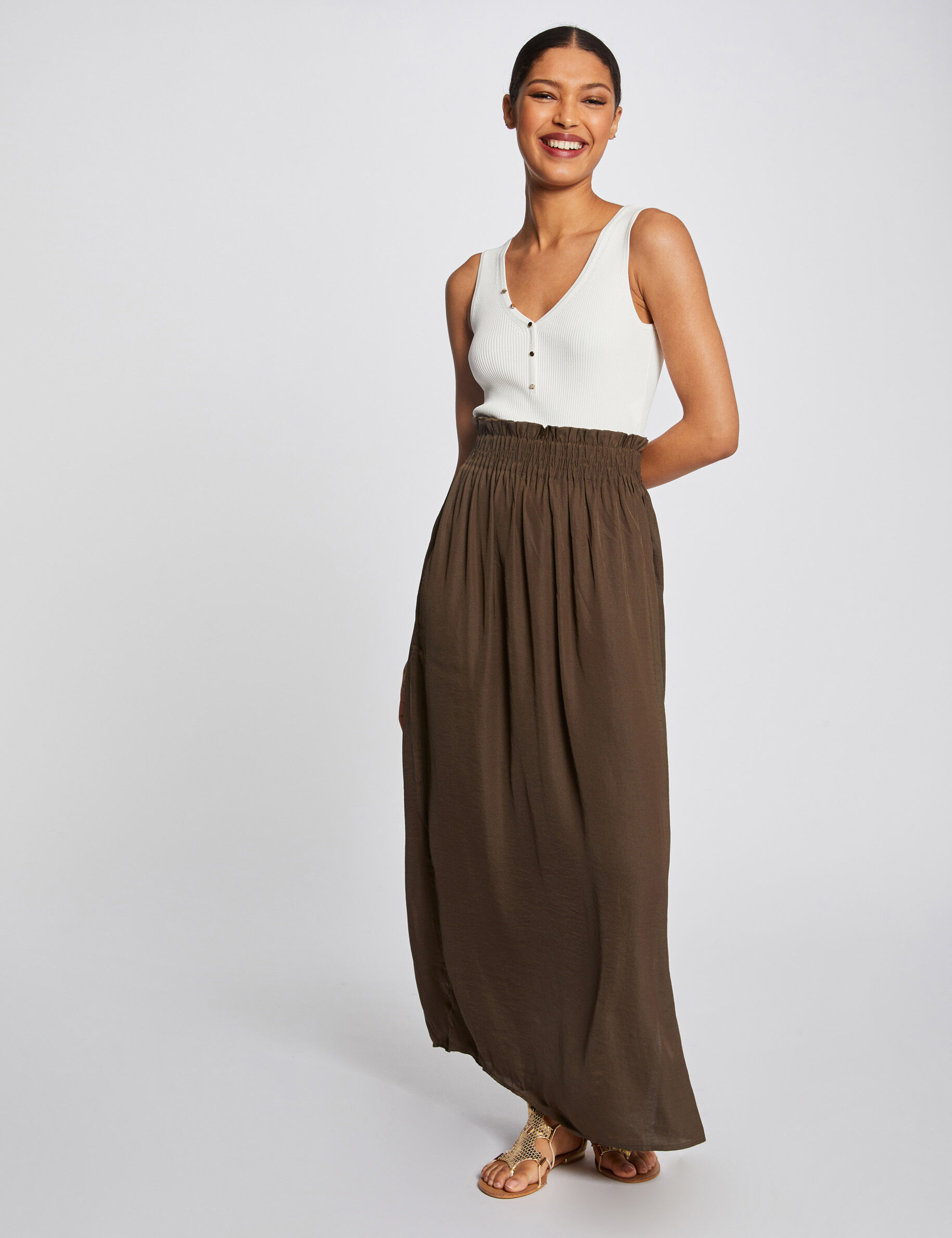 Jupe longue fluide taille élastiquée vert kaki femme - vert_kaki