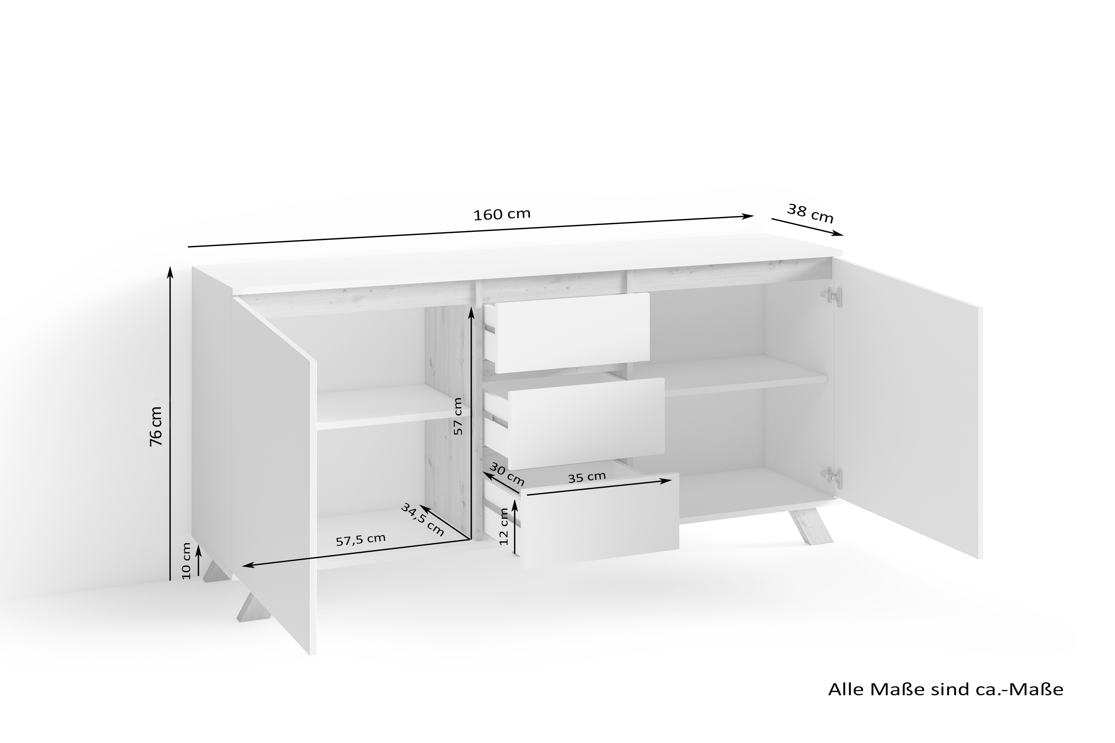 byLIVING Sideboard VALENTIN, Breite 160 cm, weiß/Artisan Eiche (Eiche-Optik)