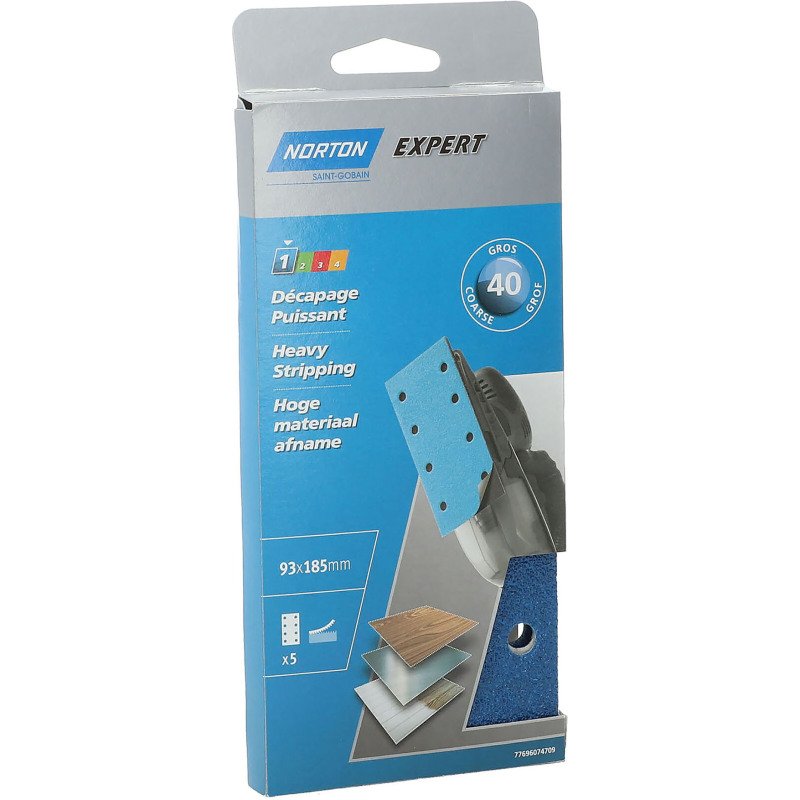 Patin auto-agrippant Norton multi-usages pour ponceuses vibrantes 93 x 185 mm - Grain 40 - Lot de 5