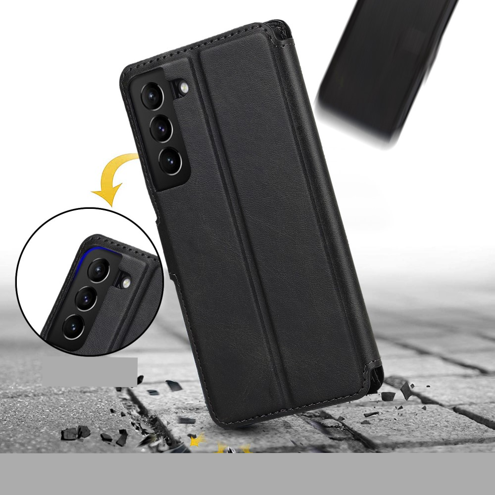 Samsung Galaxy S22 5G Leder Tasche mit Kartenfach im Retro Style - Schwarz