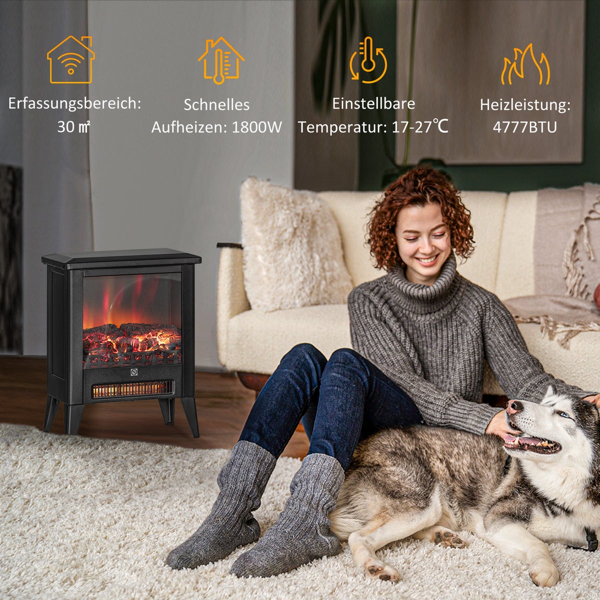 HOMCOM Elektrische haard met verwarming, LED-vlameffect, vrijstaande haard van 1800 W met laag geluidsniveau, oververhittingsbeveiliging voor woonkamer en slaapkamer, zwart