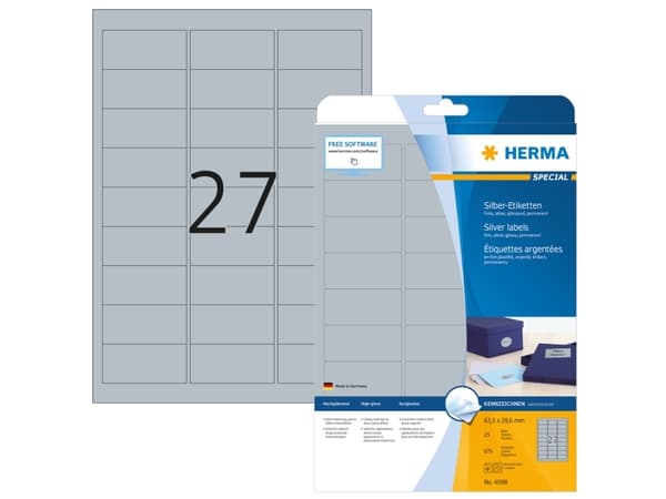 HERMA 4098, Sølv, Selvklebende skriveretikett, A4, Polyester, Laser, Permanent