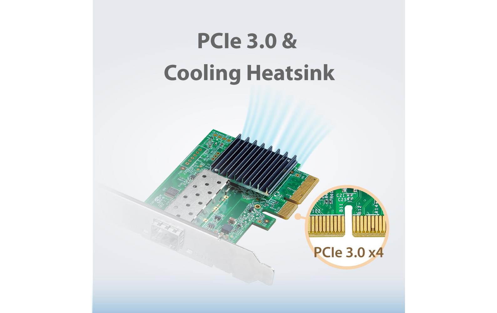 EN-9320SFP+ V2 PCI-Express x4<br>Edimax EN-9320SFP+, Eingebaut, Kabelgebunden, PCIe, Faser, 10000 Mbps, Grün, Silber