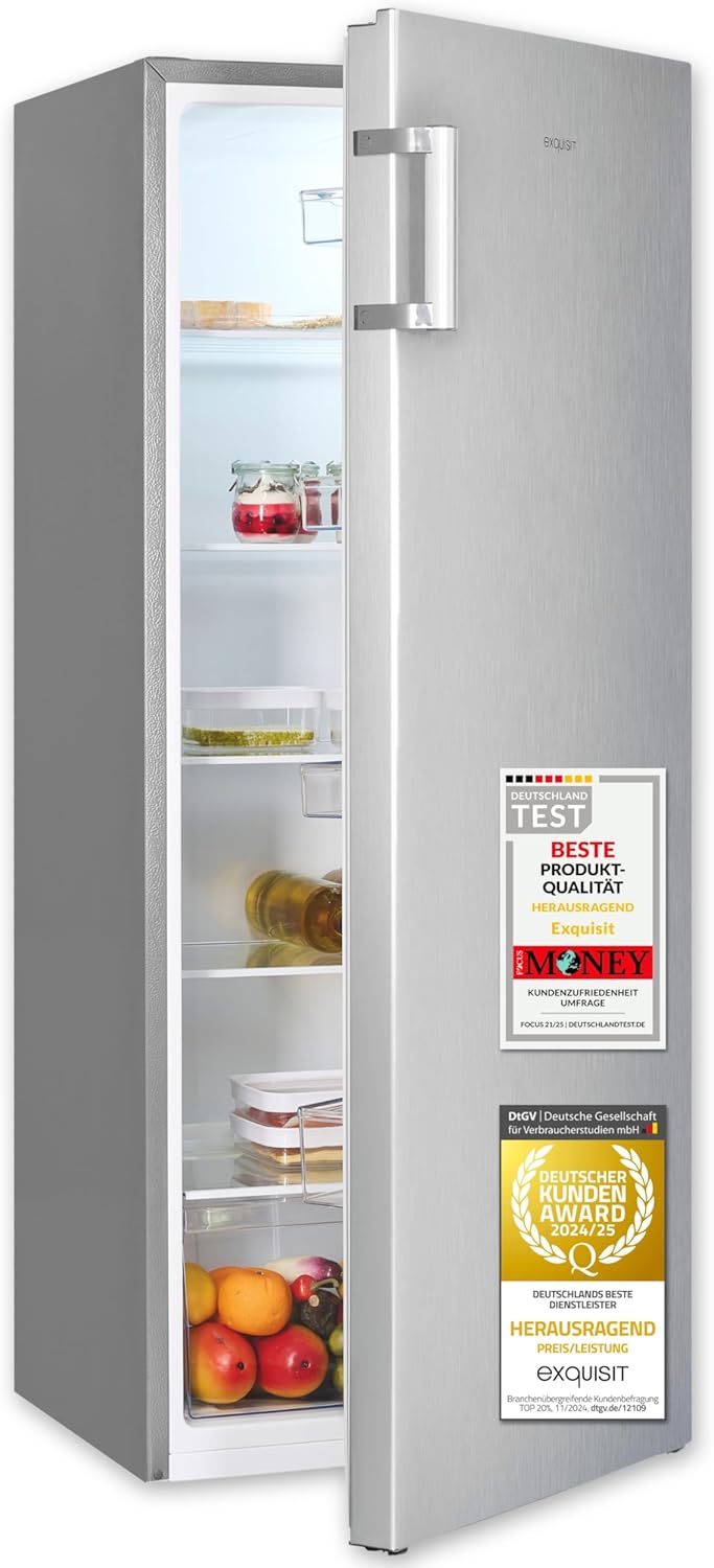 Exquisit Kühlschrank ohne Gefrierfach, Großer Kühlschrank silber, 5 Ablagen, 242 Liter, Vollraumkühlschrank 143 cm hoch, KS5320-V-H-010E inoxlook