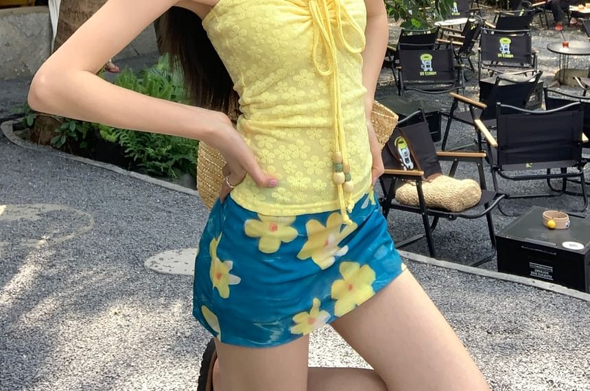 Closette - Halter Floral Jacquard Top / Hoge Taille Bloemenprint Mini Kokerrok