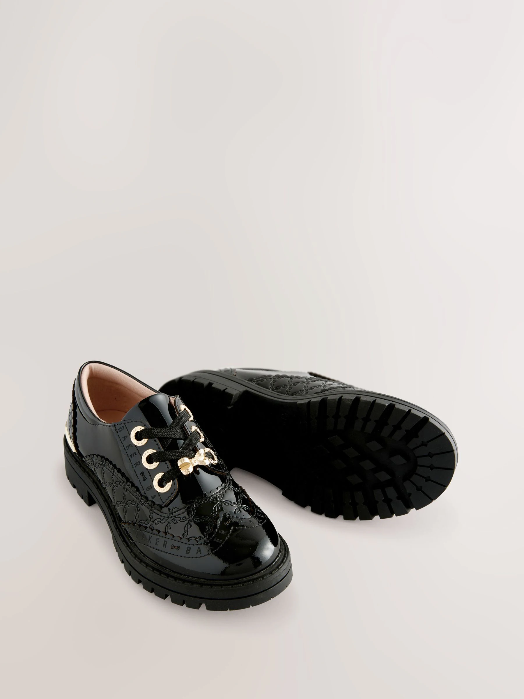 Baker by Ted Baker Girls Back to School Chunky Patent Black Brogue Shoes with Bow