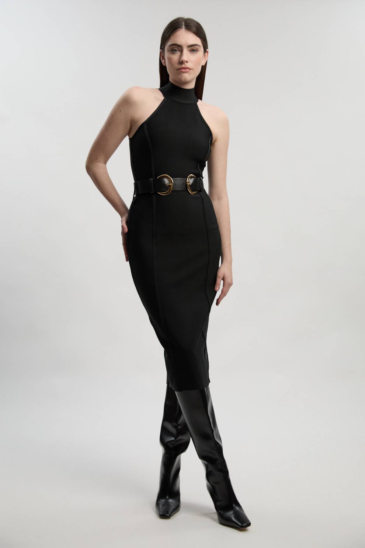 KarenMillen Robe Midi Bandage à Col Haut avec Détails Boucles