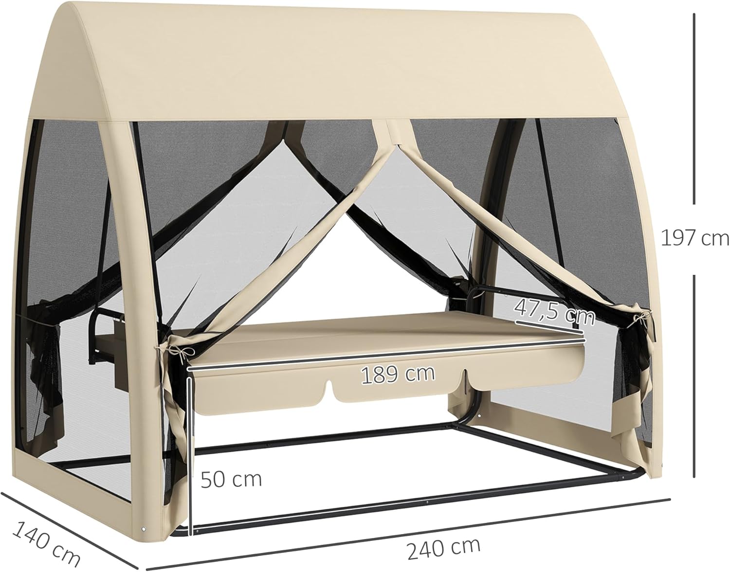 Outsunny 2 in 1 Hollywoodschaukel mit Liegefunktion 3-Sitzer Gartenschaukel mit Baldachin, Mückennetz, Schaukelbank belast bis 300kg, Gartenliege für Garten, Terrasse, 240 x 140 x 197 cm, Kaffee