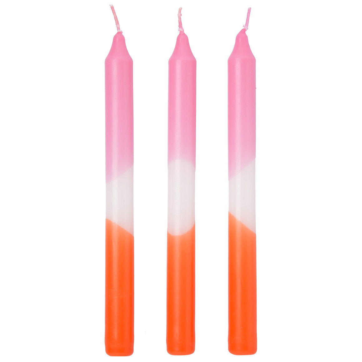 3 Stabkerzen mit  farbigem Muster rosa / weiss / orange