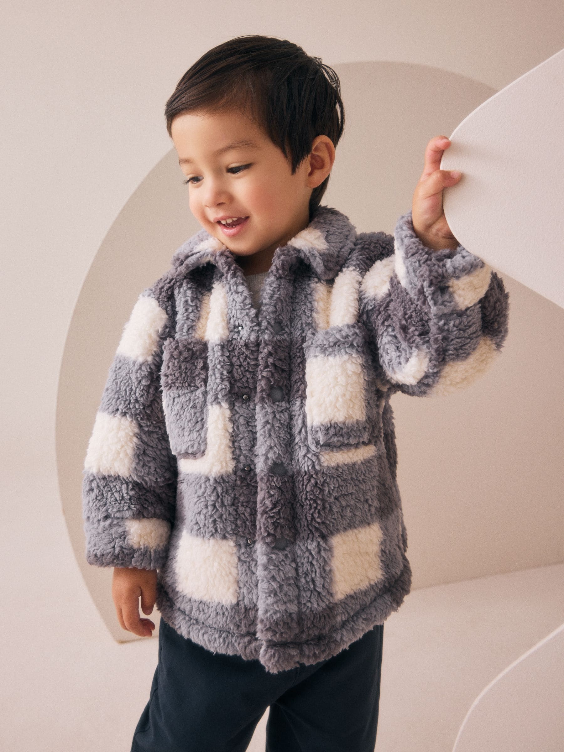 Grijs dambordpatroon - Fleece shacket van borg (3 mnd - 7 jr)