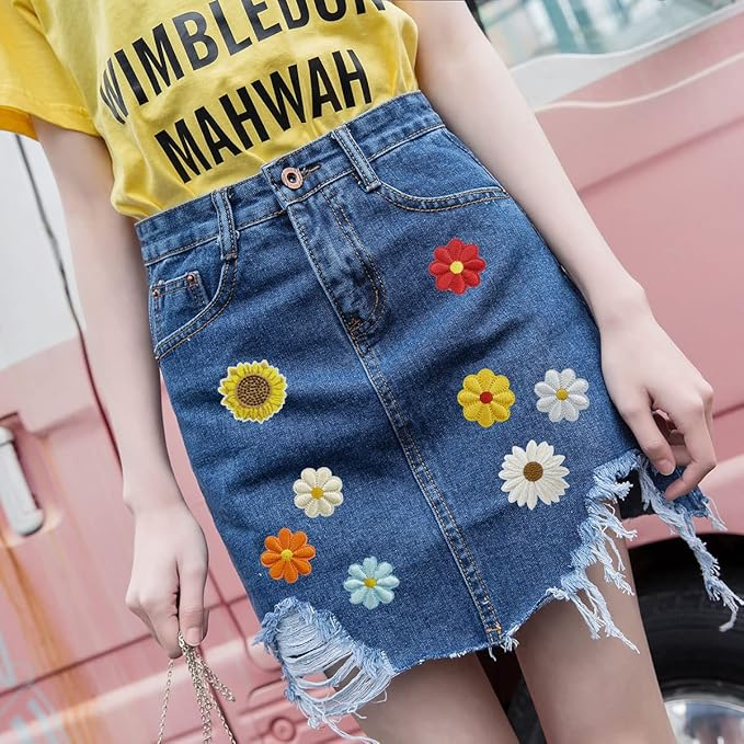 (17er Set) Stoff Blumen Flicken Bügelbilder DIY Bastel Aufnäher Patches für Kleider / Rucksack / Tischdecke -  Bunt