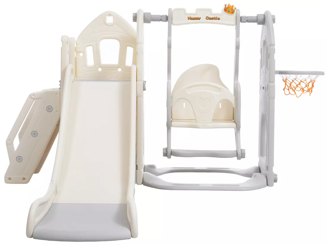 Toboggan 5 en 1 - avec escalier, balançoire, espace de rangement, panier de basket - gris clair