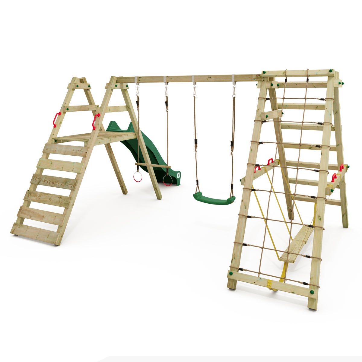 WICKEY Kinderschommelset Smart Shake met glijbaan en klimrek, schommel, schommelframe, dubbele schommel, houten schommel - Groen