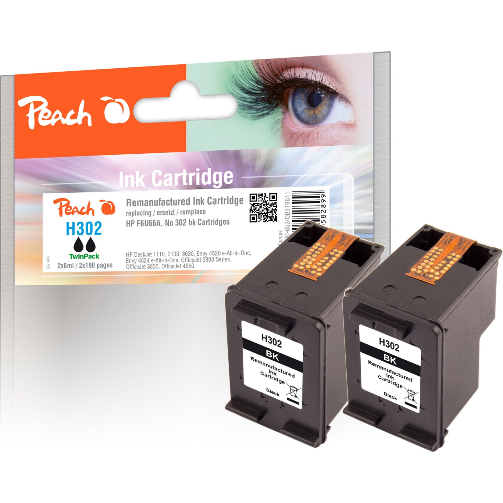 Peach HP 302 bk 2 Druckköpfe 2*bk ersetzt HP No. 302 bk*2, F6U66AE*2 für z.B. HP OfficeJet 3833, HP Envy 4520, HP OfficeJet 5232, HP OfficeJet 3835 (wiederaufbereitet)