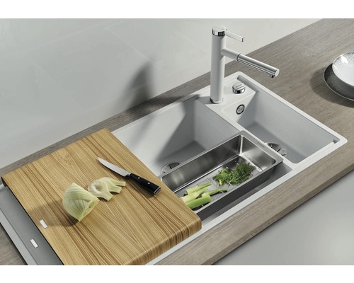 Blanco AXIA III 6 S spoelbak, 1000 x 510 mm, zwart, zonder multifunctionele kom, 525849, 1 kom, kom links, met secundaire kom, met afdruipgedeelte