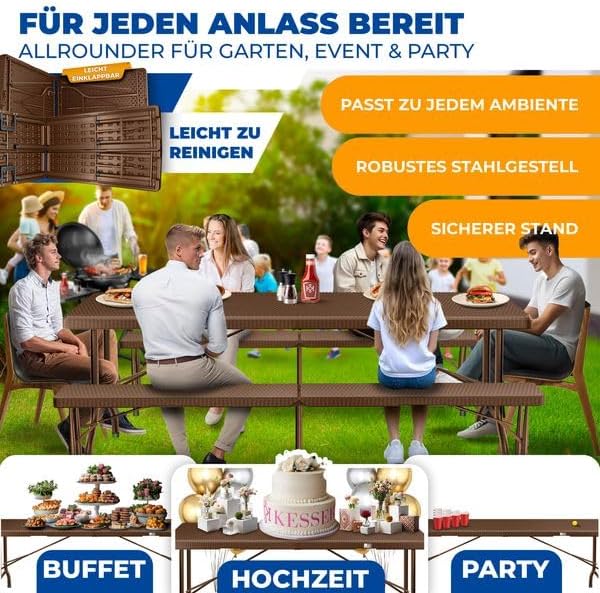 KESSER® Bierzeltgarnitur 3-teilig Set Tisch & 2x Bank | Buffettisch für drinnen & draußen Gartengarnitur klappbar 183x76x74cm Kunststoff Klapptisch Rattan-Look Gartentisch Inkl Abdeckung & Tragegriffe