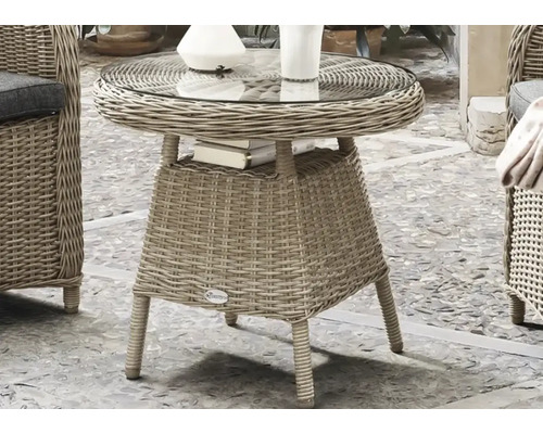 Destiny MALAGA 2-zits balkonset bestaande uit: 2 fauteuils, 2 bijzettafels. Polyrotan, aluminium, glas, beige.