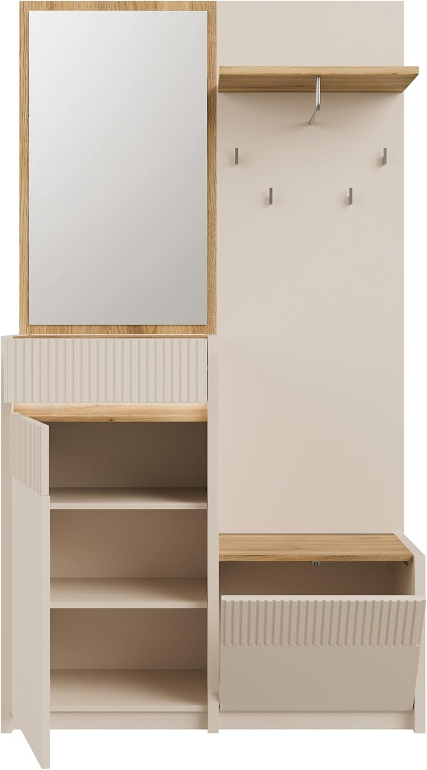Forte Oak SQUERE Garderobe 100 110, Elegante Garderobe mit Spiegel, Kleiderstange und Aufbewahrung, Holzwerkstoff, Mauvella Eiche Holzdekor/Sand, 108,4 cm breit x 195,9 cm hoch x 41,7 cm tief