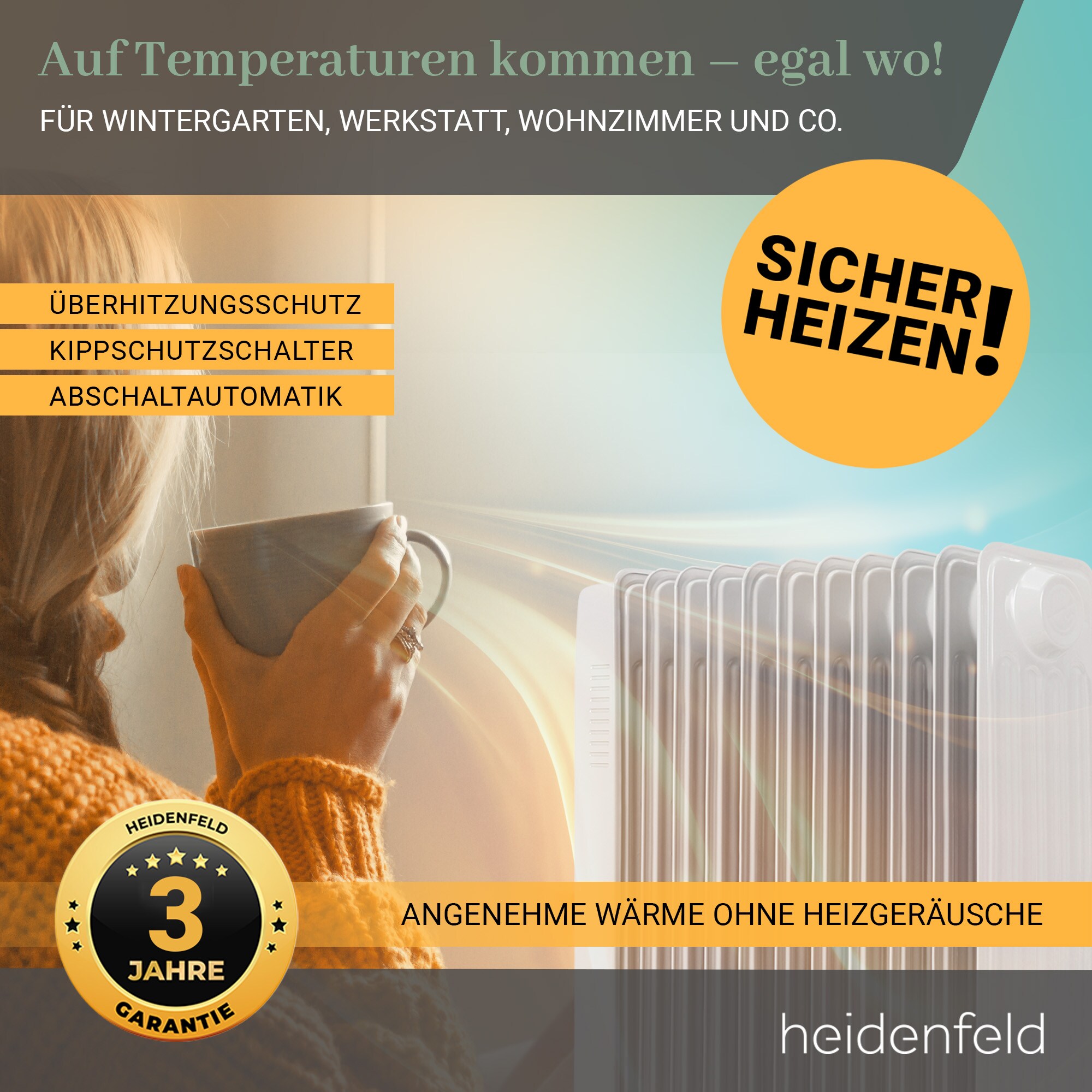 Heidenfeld Ölradiator ÖR200, Thermostat, Timerfunktion, 1000-2500 Watt, 6 Stufen, 3 Jahre Garantie