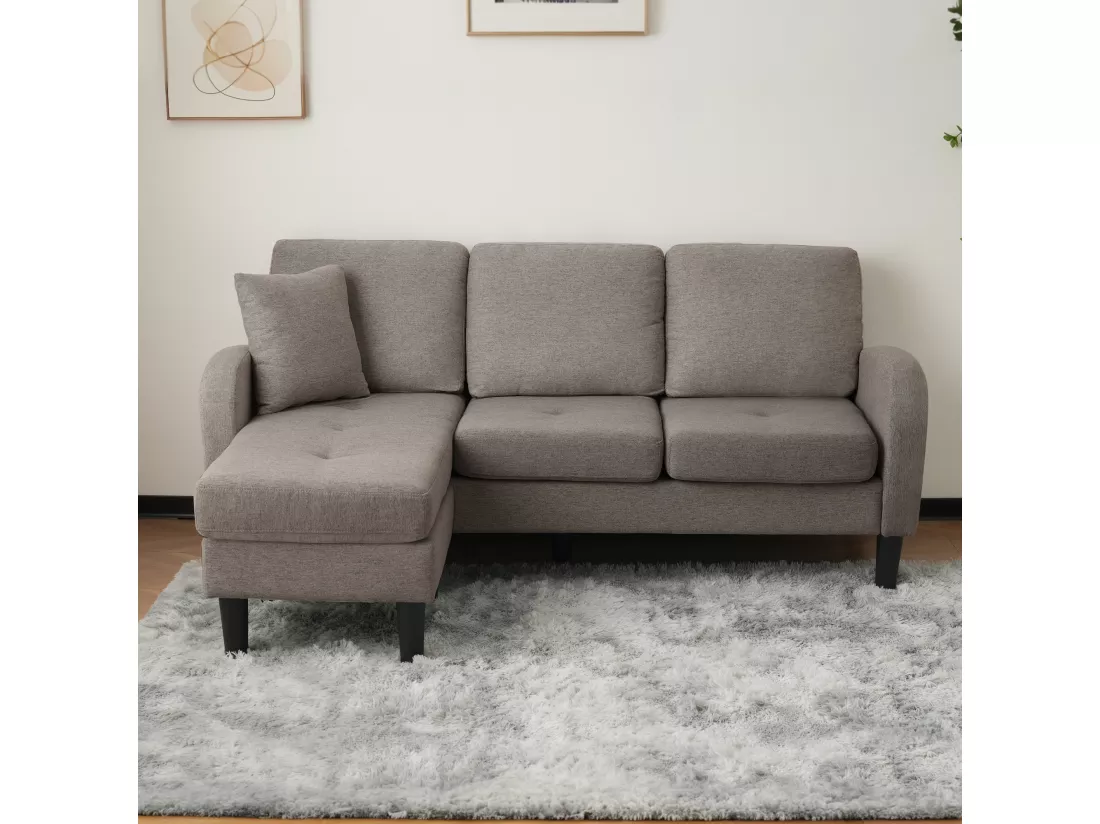Canapé d'angle 3 places avec méridienne - 185 x 118 x 82 cm - tissu en coton et lin respirant - Gris foncé antique