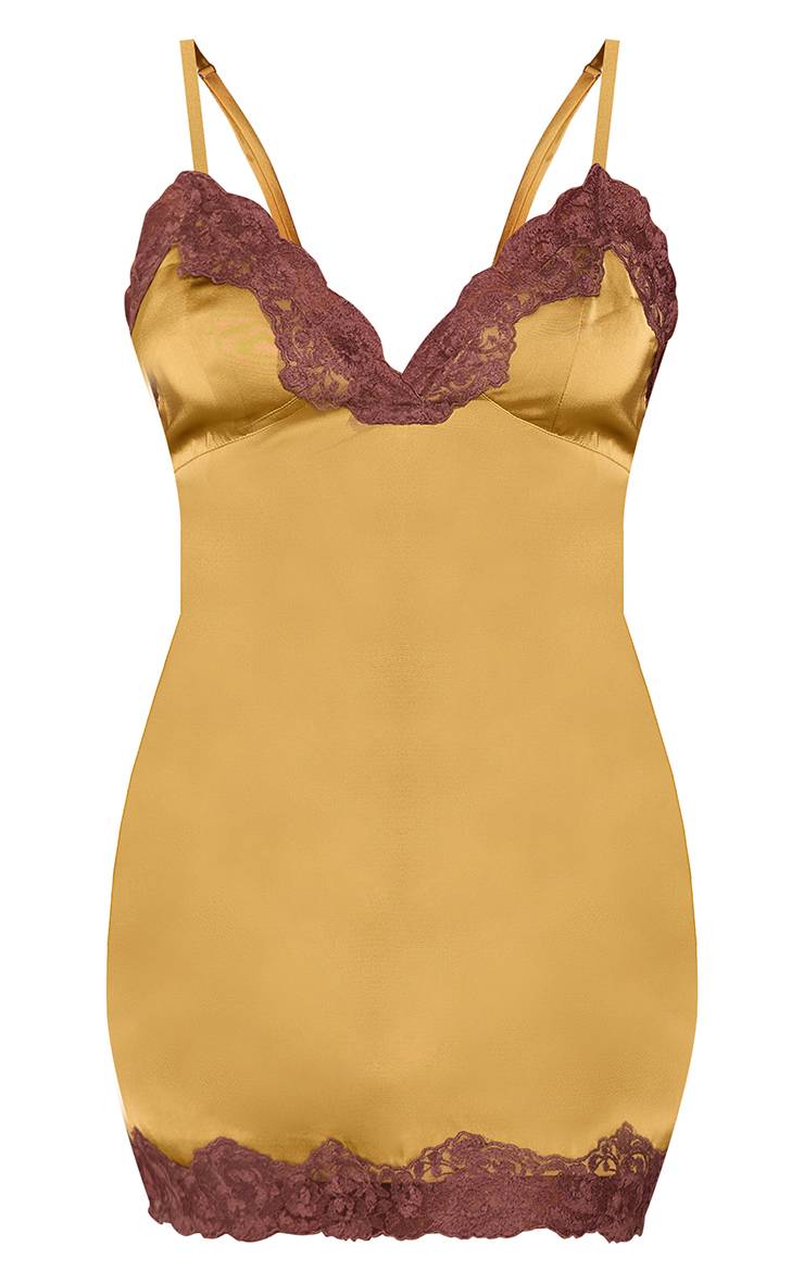 Golden Olive Robe Droite Courte En Satin À Contraste De Dentelle