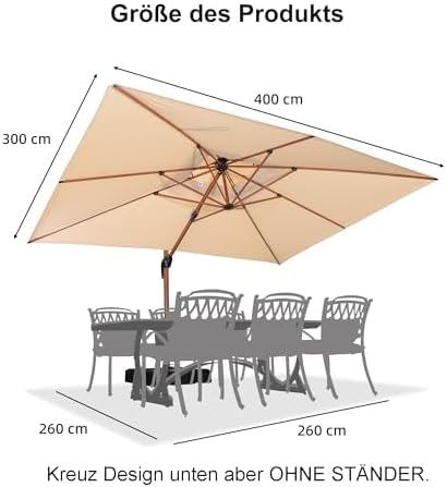 PURPLE LEAF Alu Holzoptik Ampelschirm Rechteckig 300 x 400 cm Rechteckig Sonnenschirm Groß 360° Drehbar Doppeldach Gartenschirm mit Kurbel Doppeldach, Beige