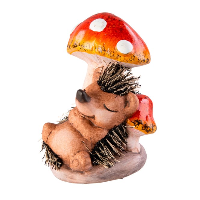 Igel mit Kunsfell an Pilz lehnend - ca. 9 x 8,5 x 12 cm