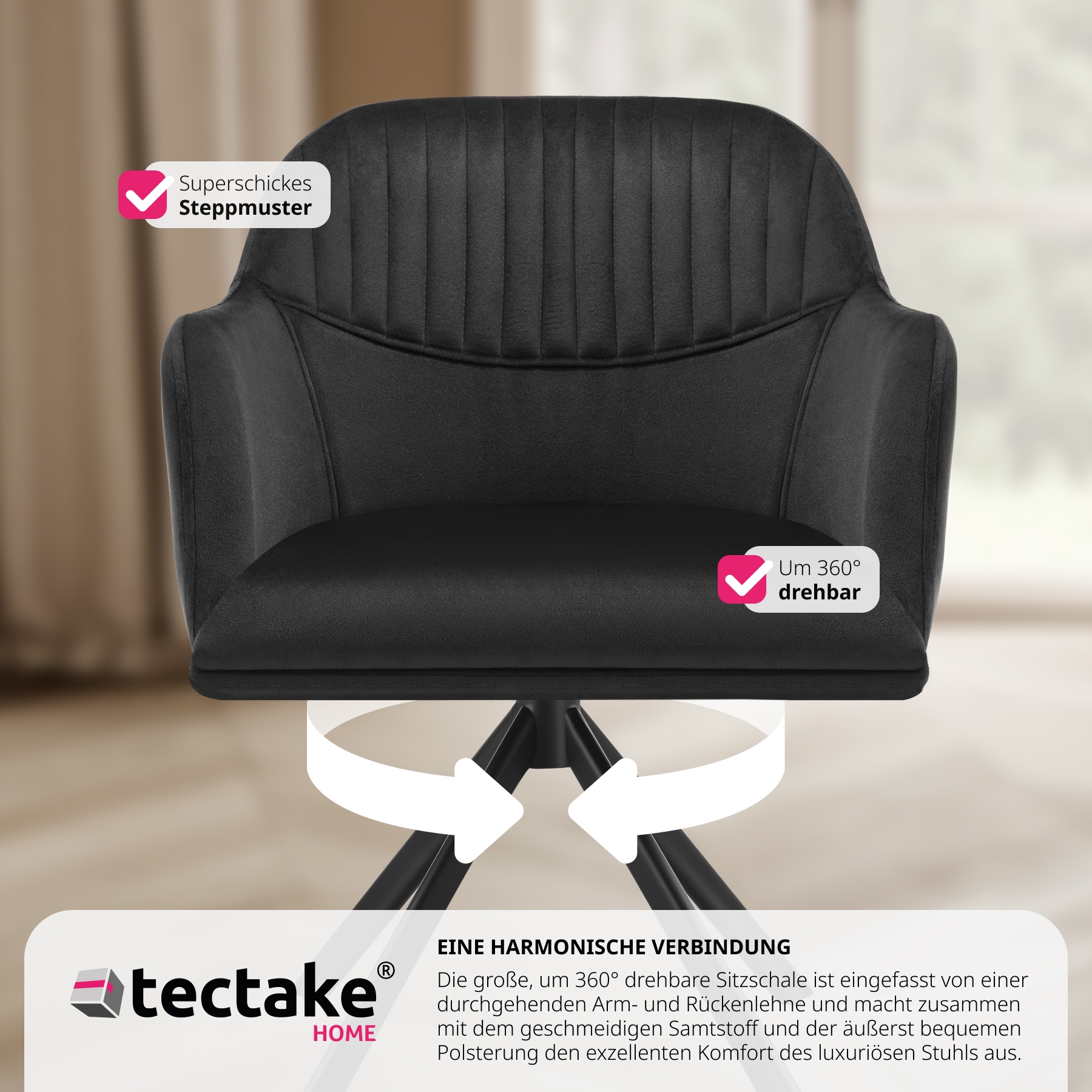 tectake® Samt-Drehstuhl, gepolstert, 360° drehbar, schlanke Stahlbeine, 56 x 59 x 81 cm