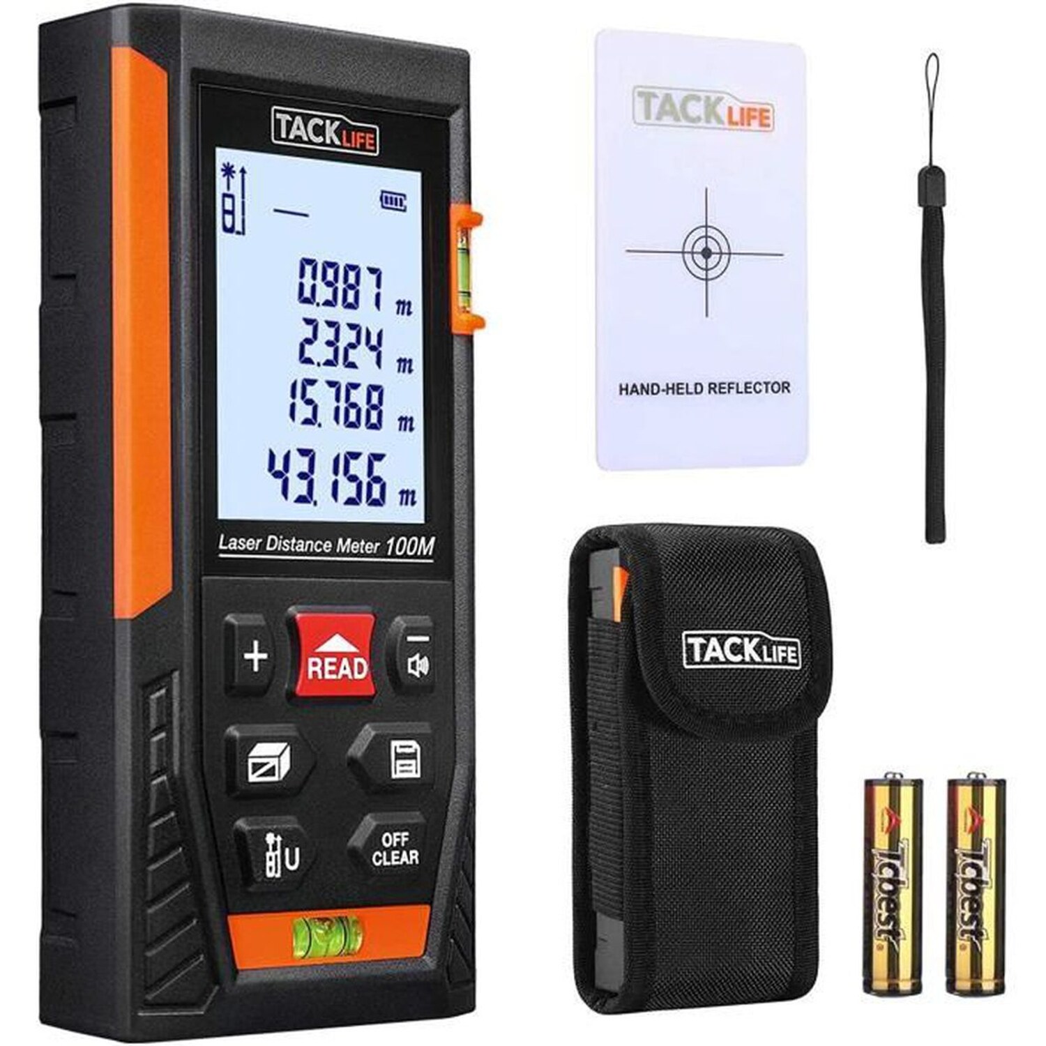 TACKLIFE HD 100, 100 m digitaler Laser-Entfernungsmesser, Messgerät mit 2 Ebenen zur Berechnung von Fläche und Volumen mit Pythagoras