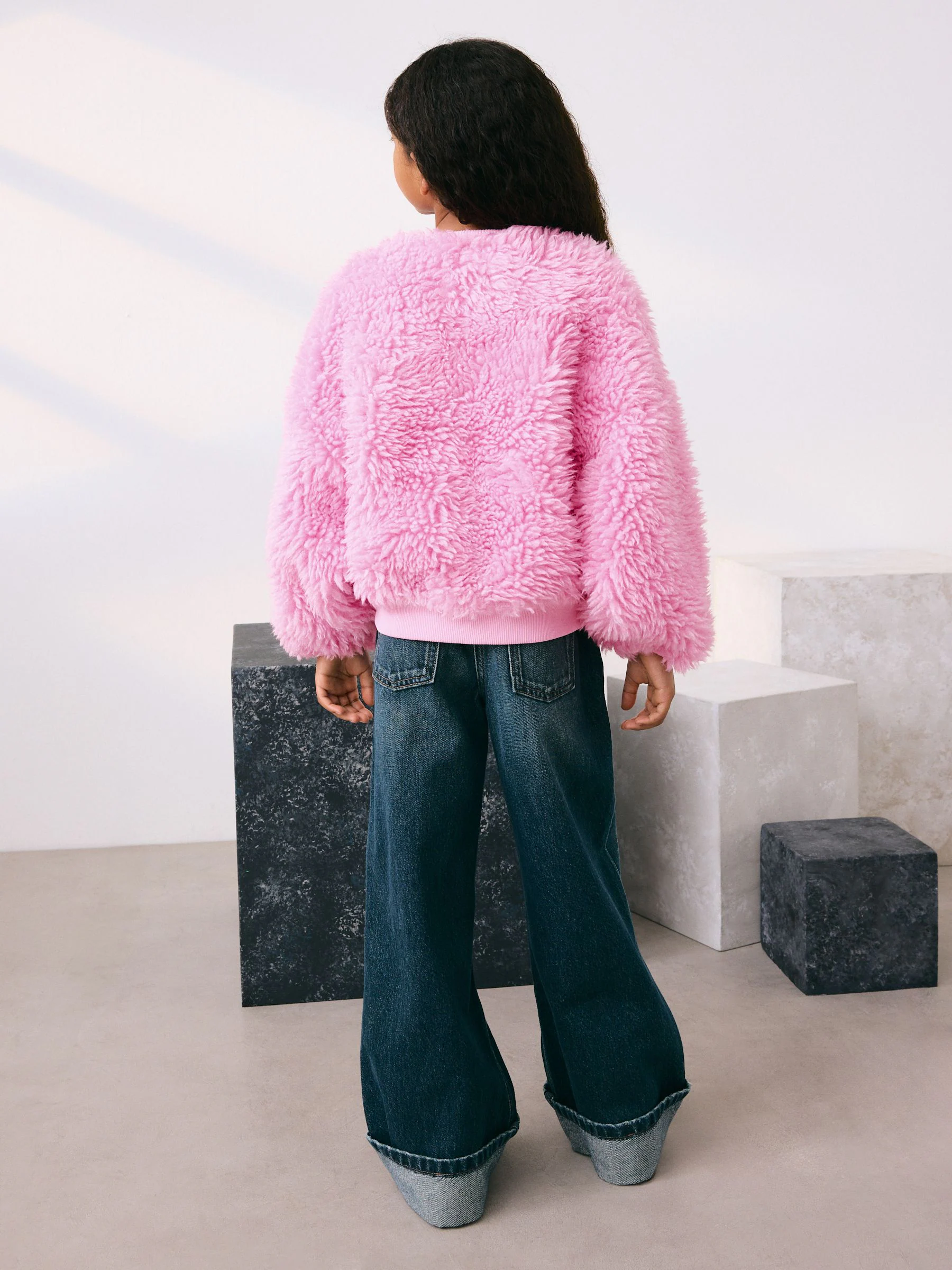 Roze - Donzige fleece borg jack met rits (3-16jr)