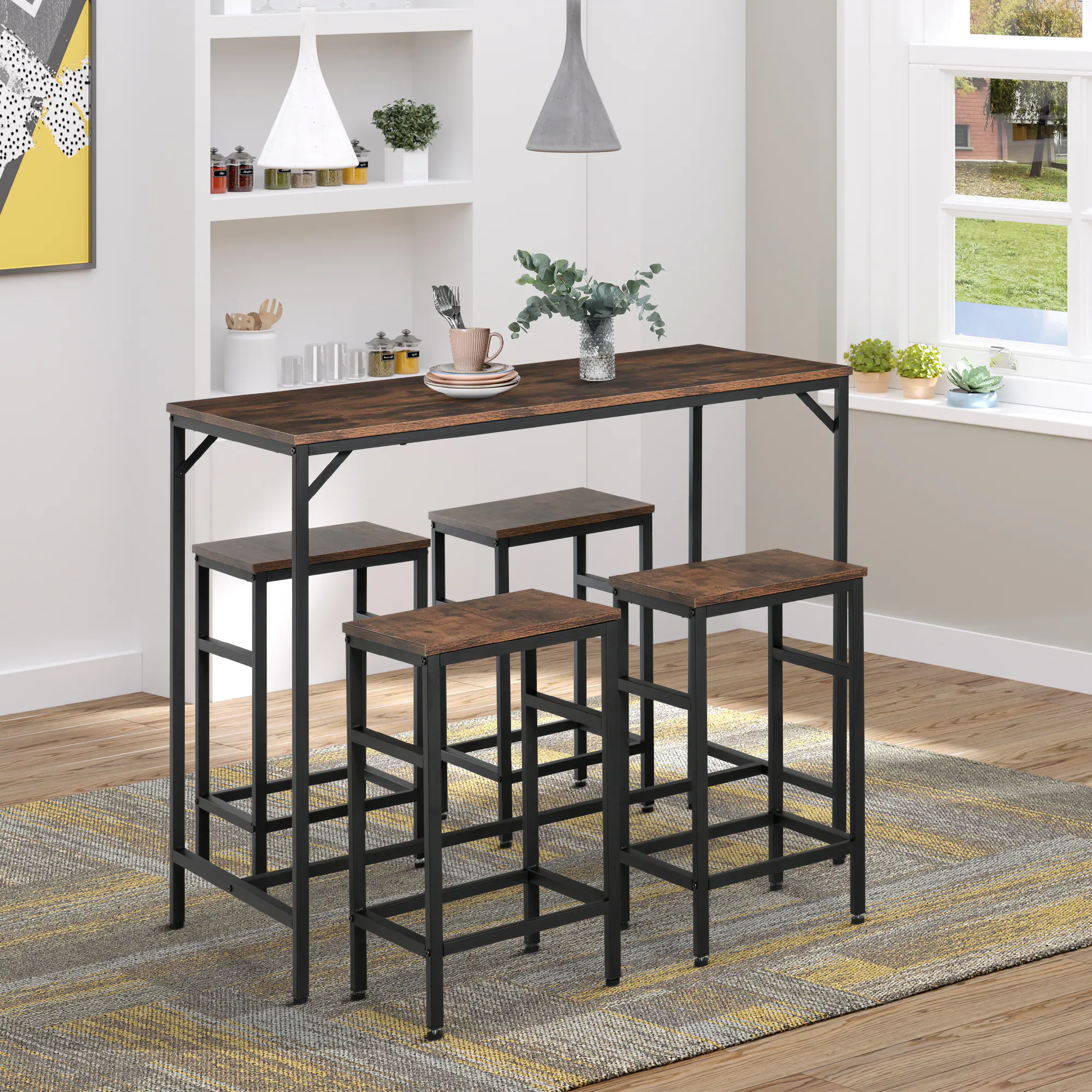 HOMCOM Bartisch-Set mit 4 Barhockern 100 x 60 x 88 (BxTxH)