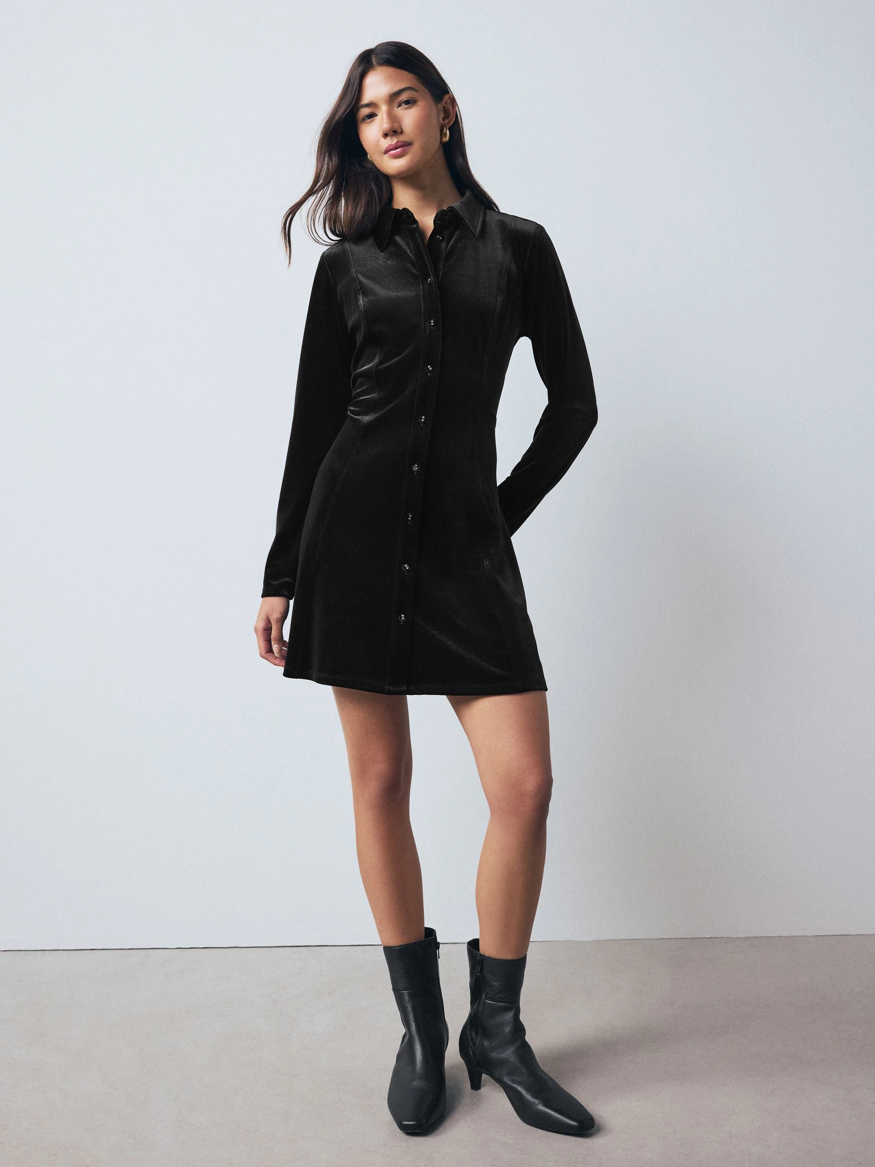 Zwart - Velvet Long Sleeve Button Up Long Sleeve Mini Shirt Dress