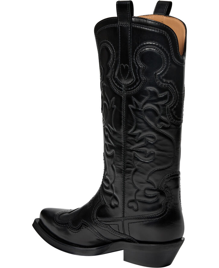 Ganni Mid Shaft Embroidered Western Boot Black/black