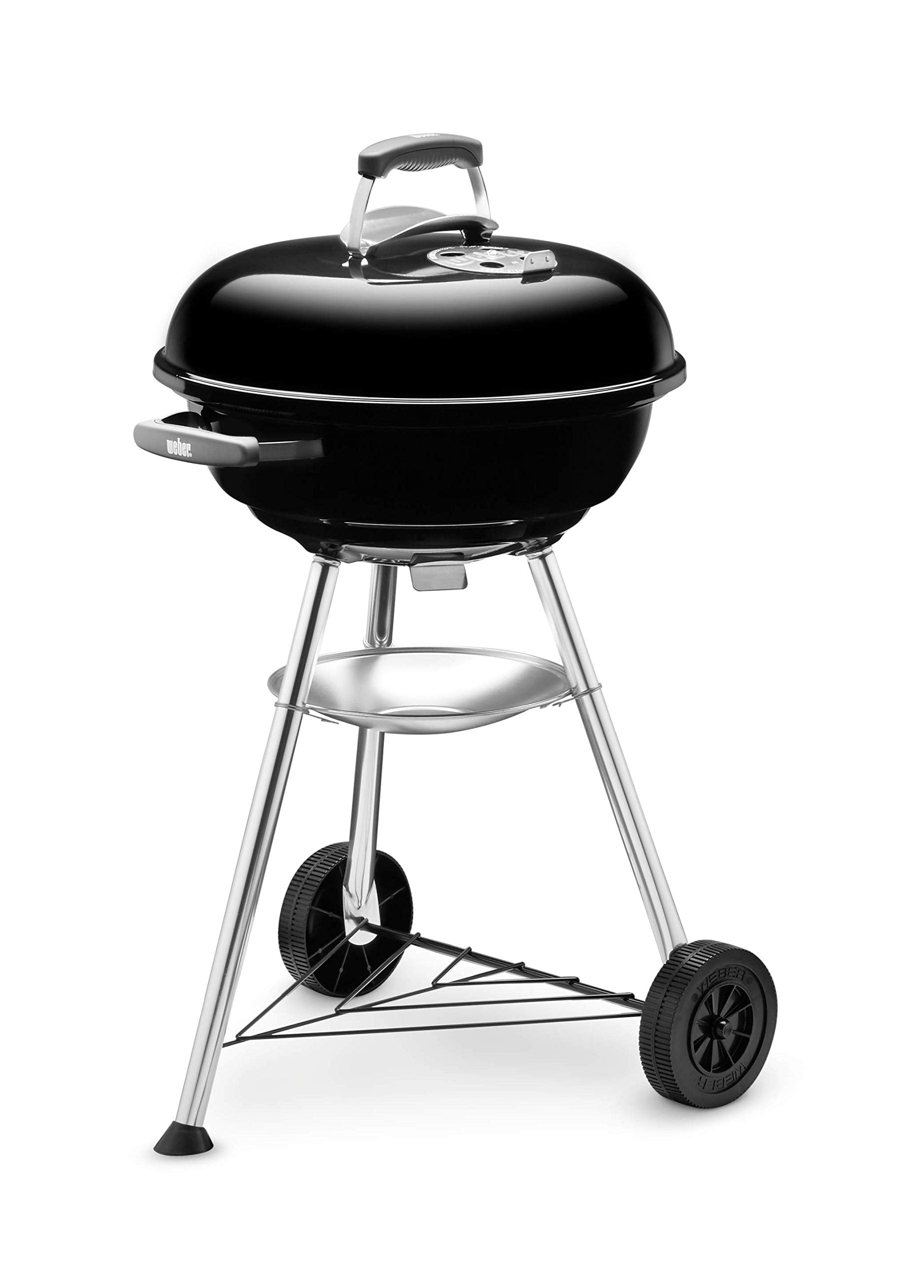 Weber Compact Kettle barbecue au charbon de bois, surface de cuisson Ø 47cm, barbecue avec couvercle et cuve en acier emaillé, trépied et roues, grille chromée – Noir (1221004)