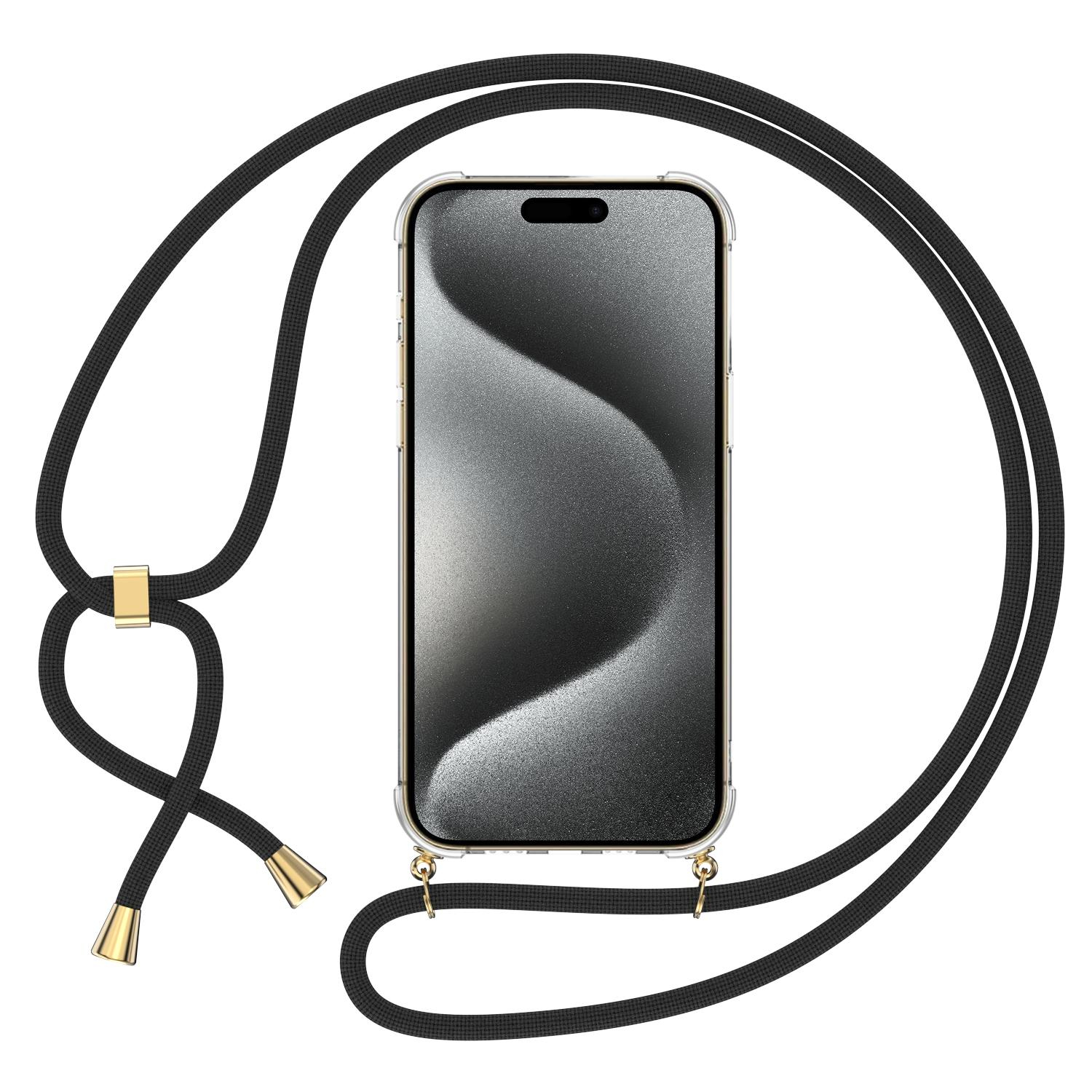 iPhone 15 Pro Max Necklace Gummi Hülle Air Cushion Fallschutz   Handykette (150cm) - Schwarz / Gold