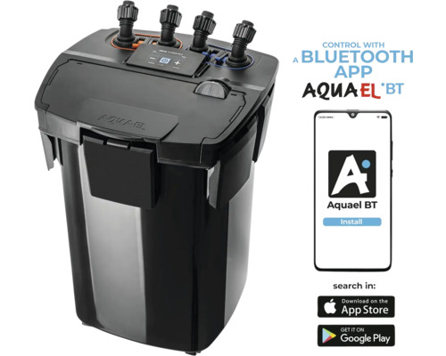 Aquael HYPERMAX 4500 BT buitenfilter voor aquaria tot ca. 1500 l, debiet elektronisch regelbaar via app tot 4500 l/u, 18-36 W, 24 V spanning, filtervolume ca. 15,9 l + voorfilter, zwart