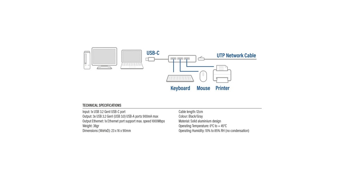 ACT Connectivity3-Poorts USB-C 3.2 (USB 3.0) Hub met Gigabit ethernet poort usb-hub  (Grijs)
