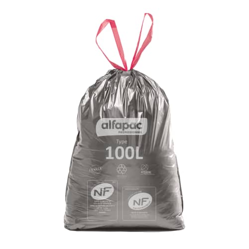 Sacs poubelle NFE 100L argent/noir 34µ lien coulissant Alfapac