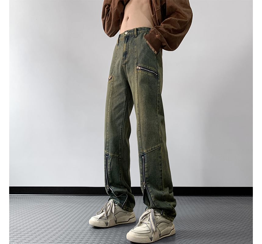 emeisa - Mid Rise Washed Panel Zip Slit Straight Leg Jeans