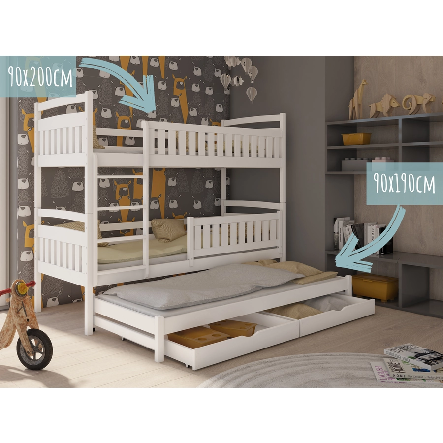 Kids Collective Hochbett 90x200 mit Ausziehbett Etagenbett mit Ausziehfunktion, 2 Schubladen weiß