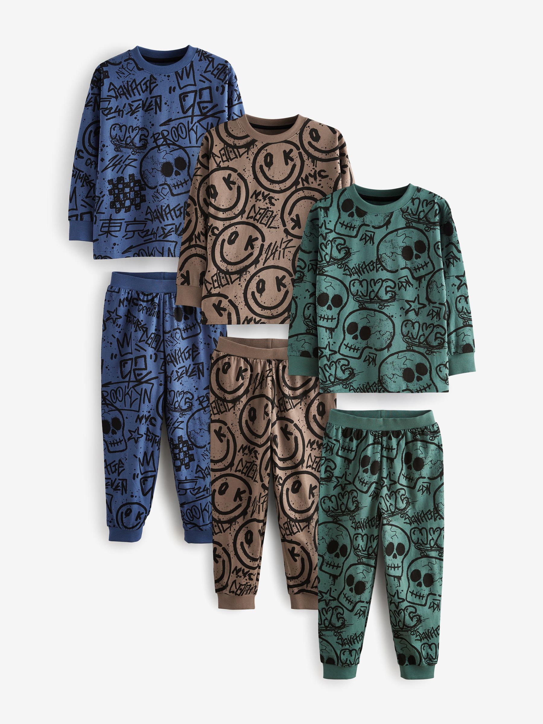 Blauw/Groen/Naturel personage - Verpakking van 3 pyjama's met lange mouwen (3-16 jr)