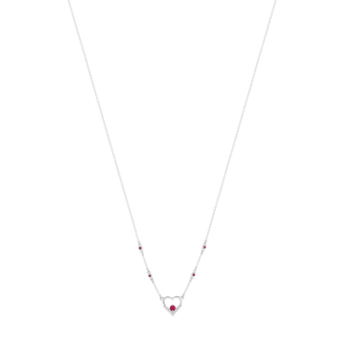 Collier or 375 blanc coeurs rubis et diamants