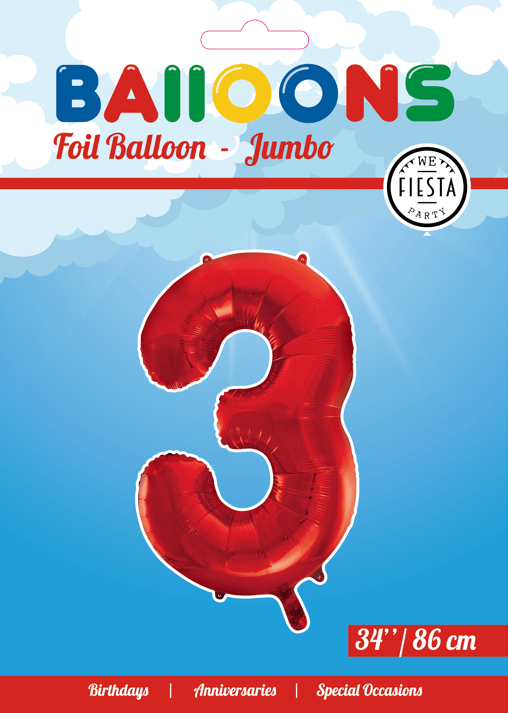 Folie Ballon Cijfer 3 Rood XL 86cm leeg