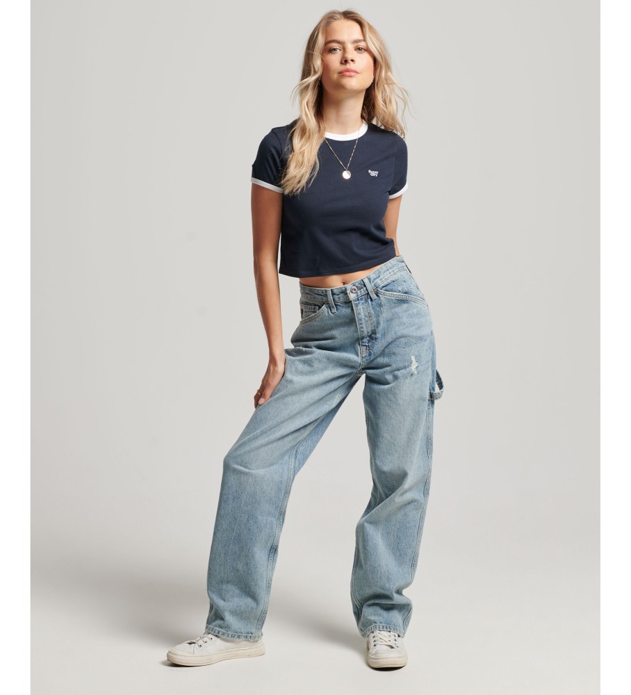 Camiseta cropped de algodão orgânico Superdry com detalhes em azul marinho.